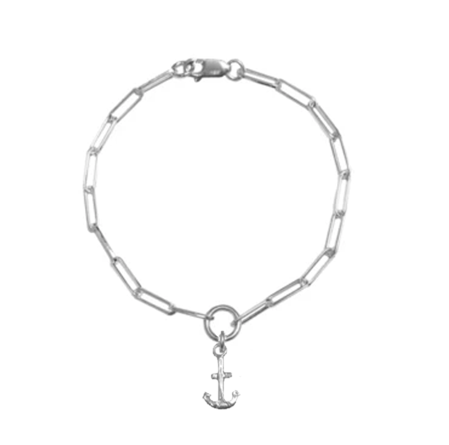 Sterling silver elongated-link bracelet with an anchor charm and lobster clasp on a white background.