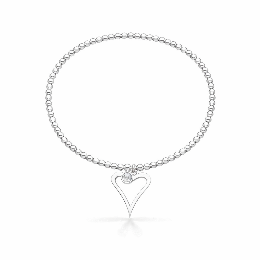 Silver birthstone bracelet with a heart-shaped charm on a white background