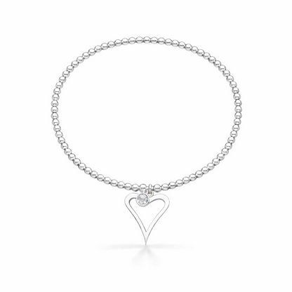 Silver birthstone bracelet with a heart-shaped charm on a white background