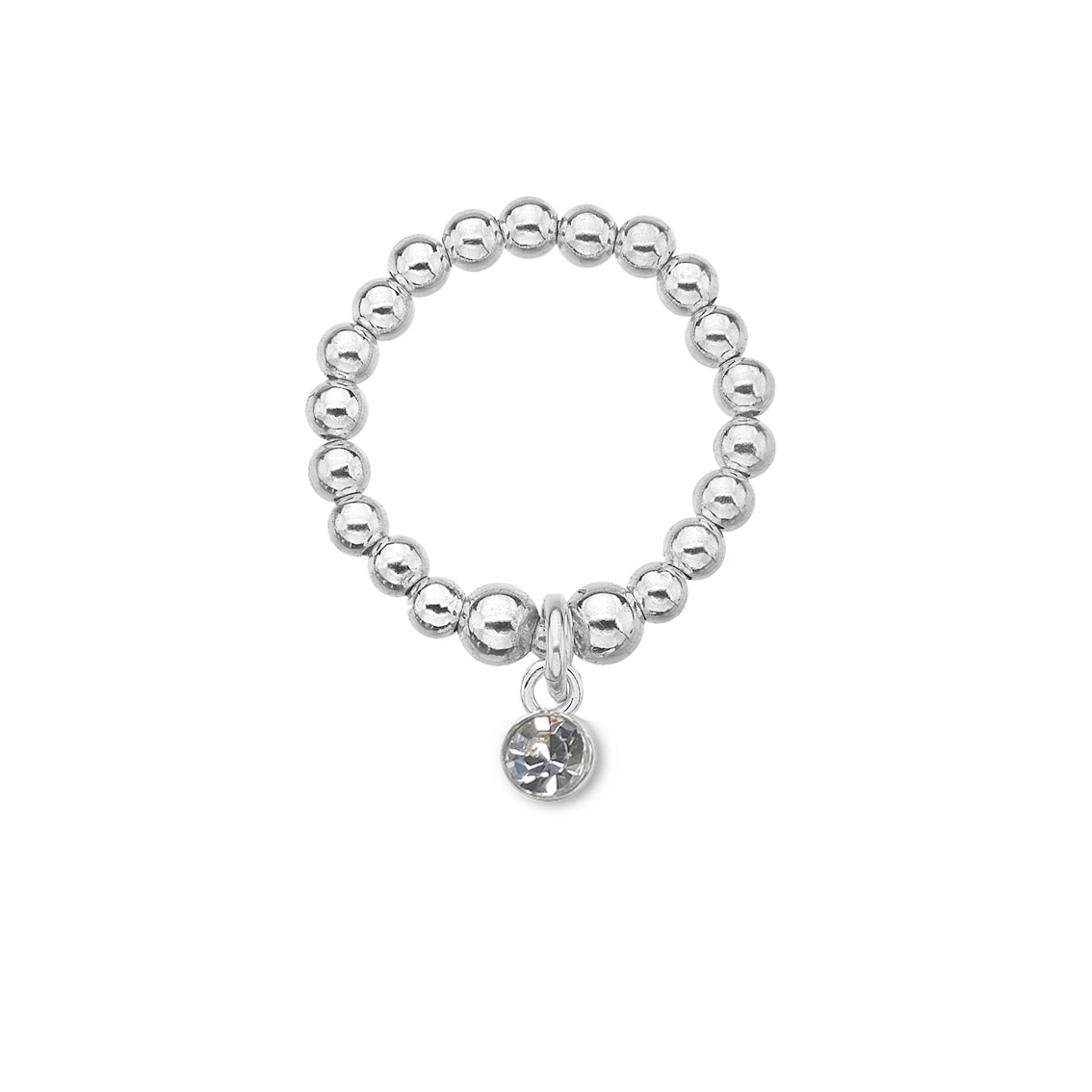 Silver beaded ring with a round charm on a white background