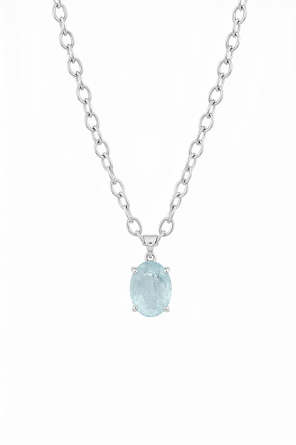 Sterling silver oval-link necklace with an oval pale-blue aquamarine pendant in a four-claw setting on a white background