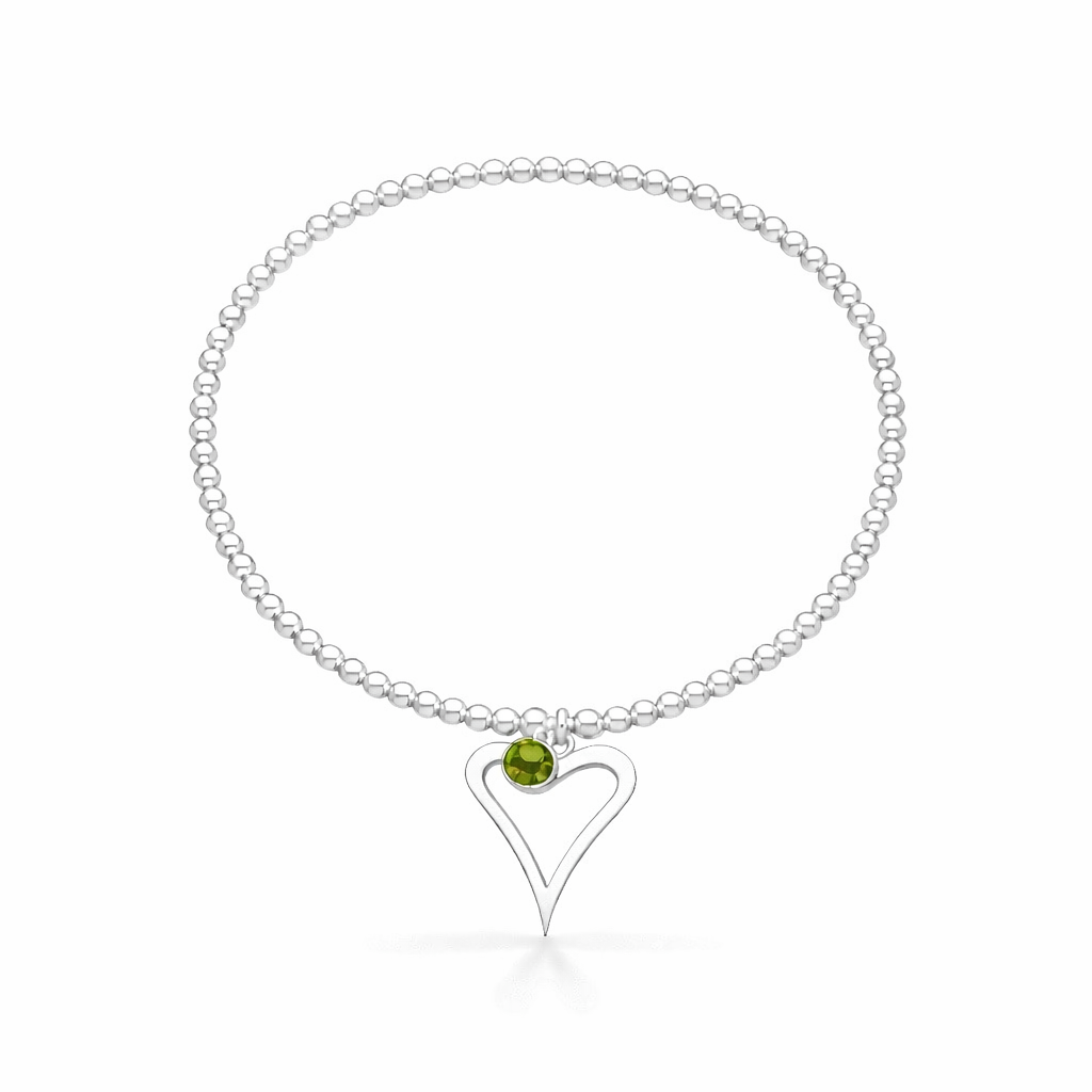 Silver birthstone bracelet with a heart-shaped charm on a white background