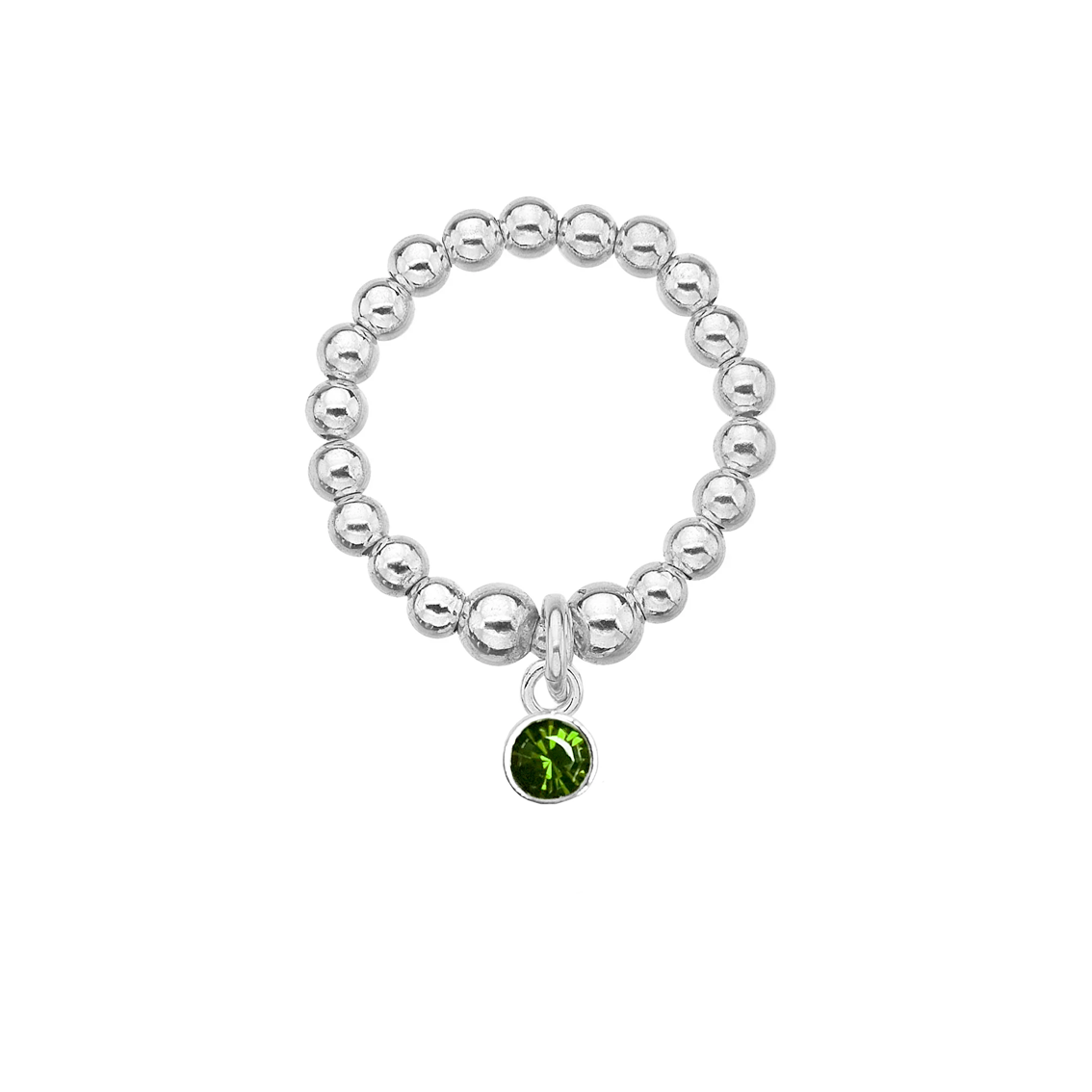 Silver beaded ring with a green gemstone charm on a white background