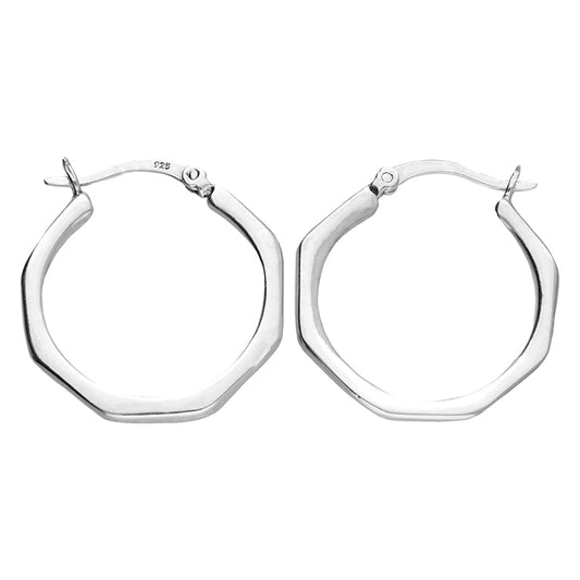 Pair of silver-coloured bamboo-style hoop earrings with angular outlines and hinged fastenings on a white background