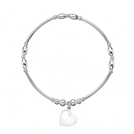 Silver bracelet with a heart-shaped charm on a white background