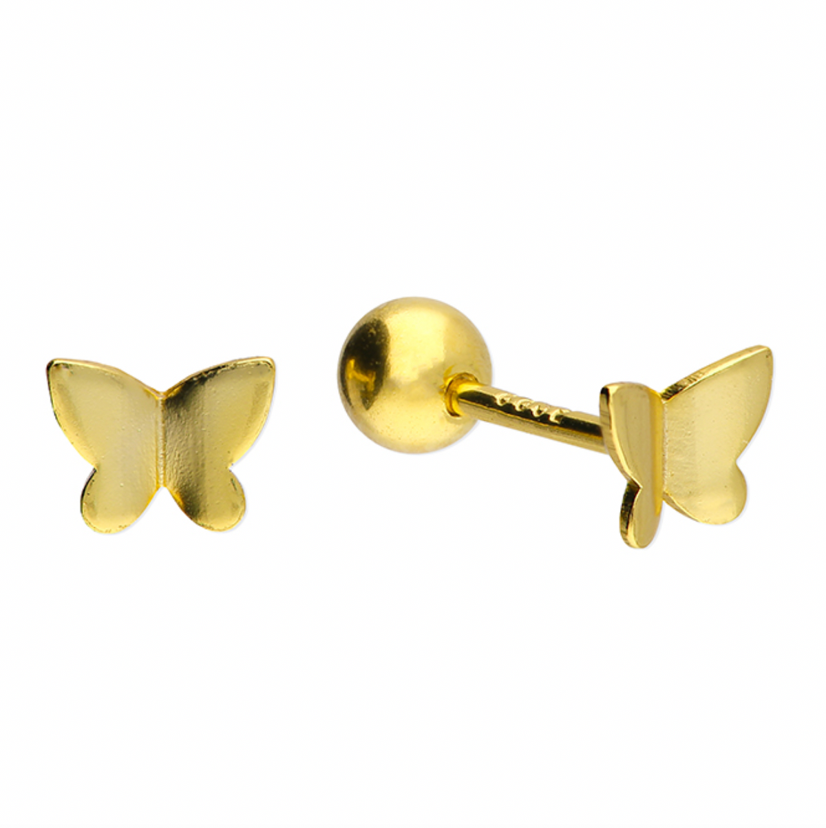 Front and side views of an 18ct gold-plated butterfly cartilage stud with a screw-on ball back