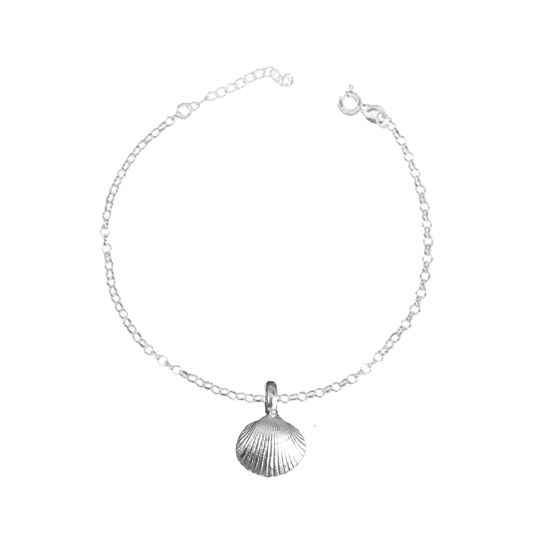 A sterling silver bracelet with a single shell charms and a chain, against a white background.