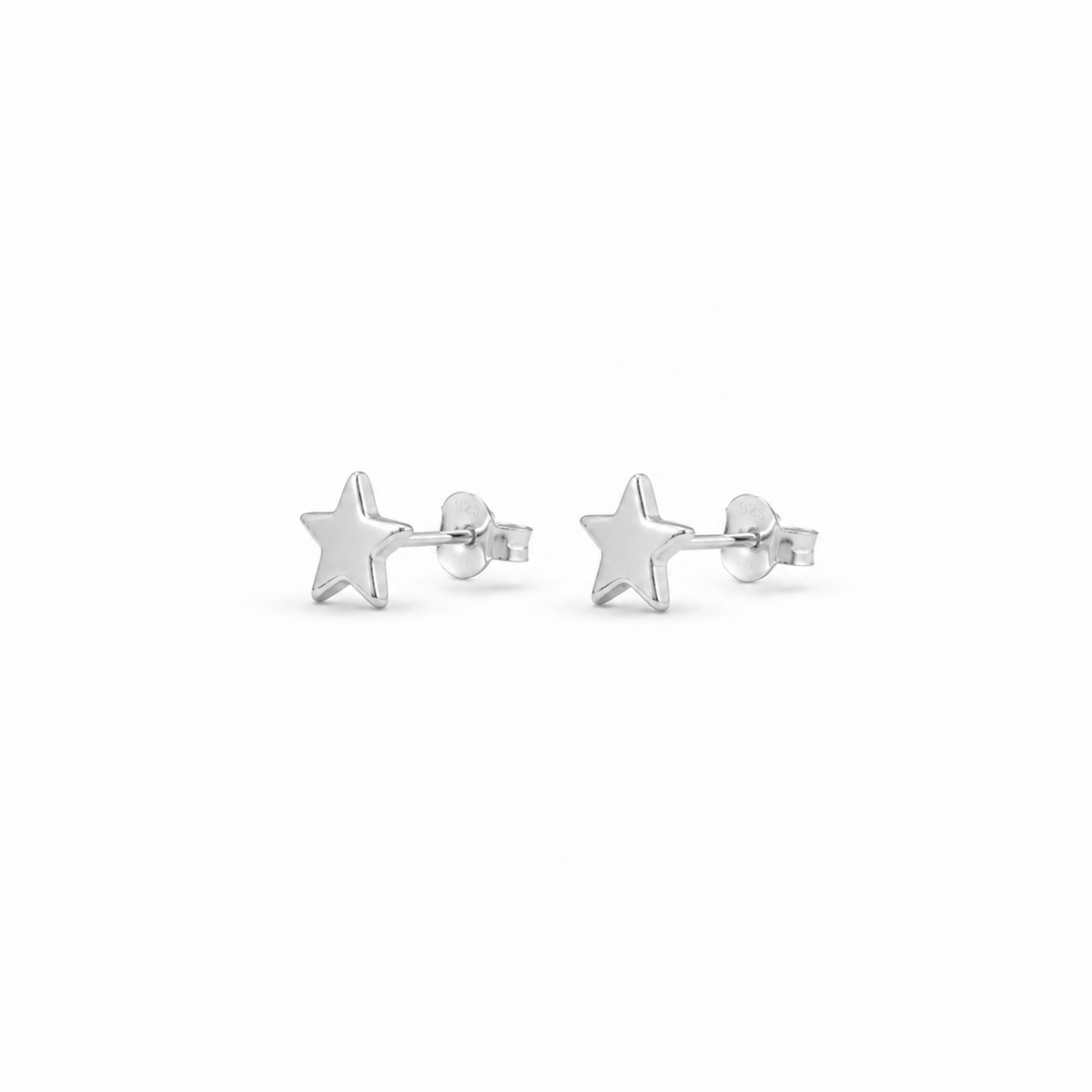 A pair of silver stud earrings shaped like small five-pointed stars, shown on a plain white background.
