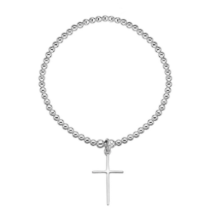 Silver beaded bracelet with a cross pendant on a white background