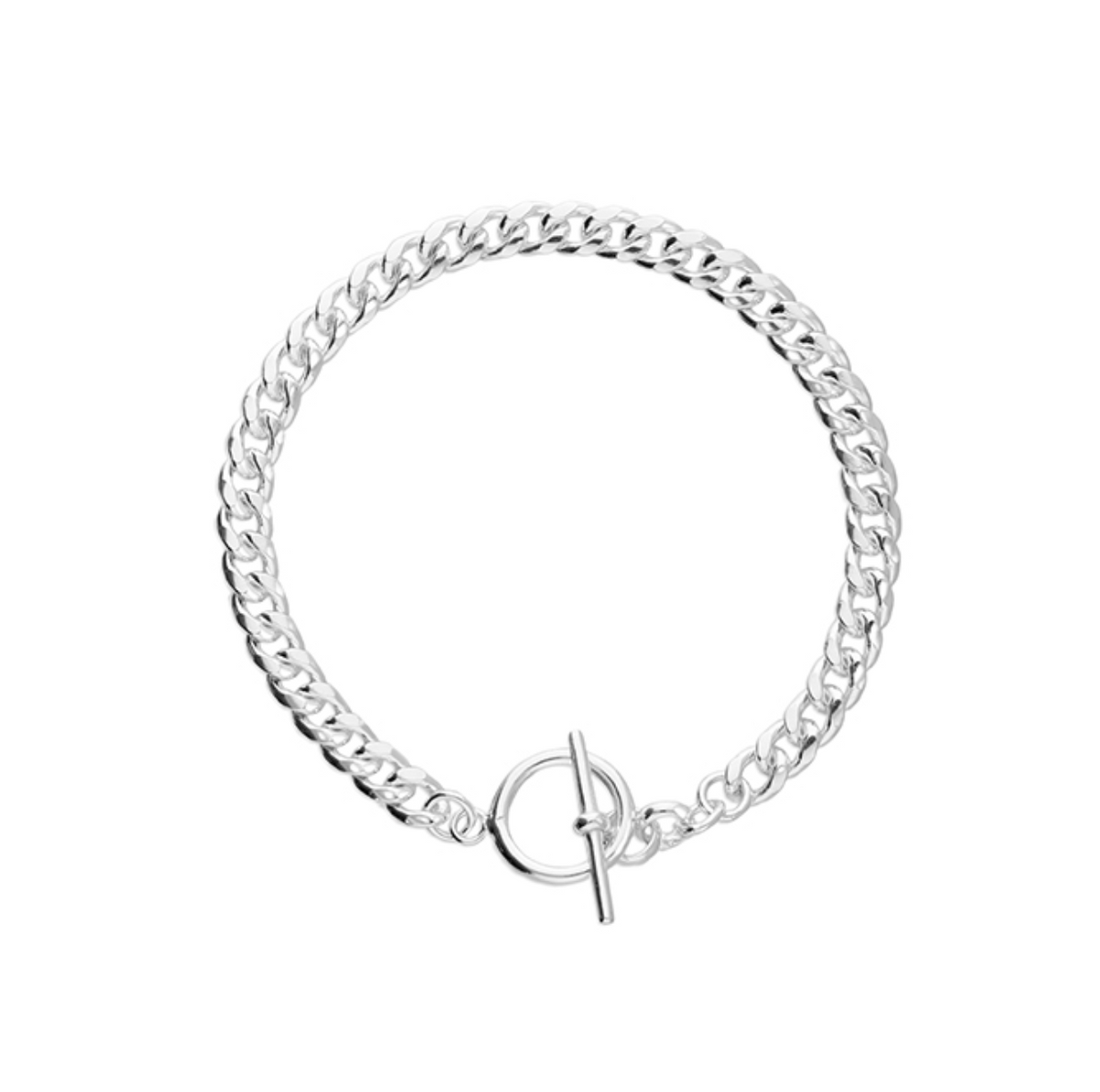 Silver Cuban T-Bar Bracelet with chunky interlocking links and a circular toggle clasp on a white background