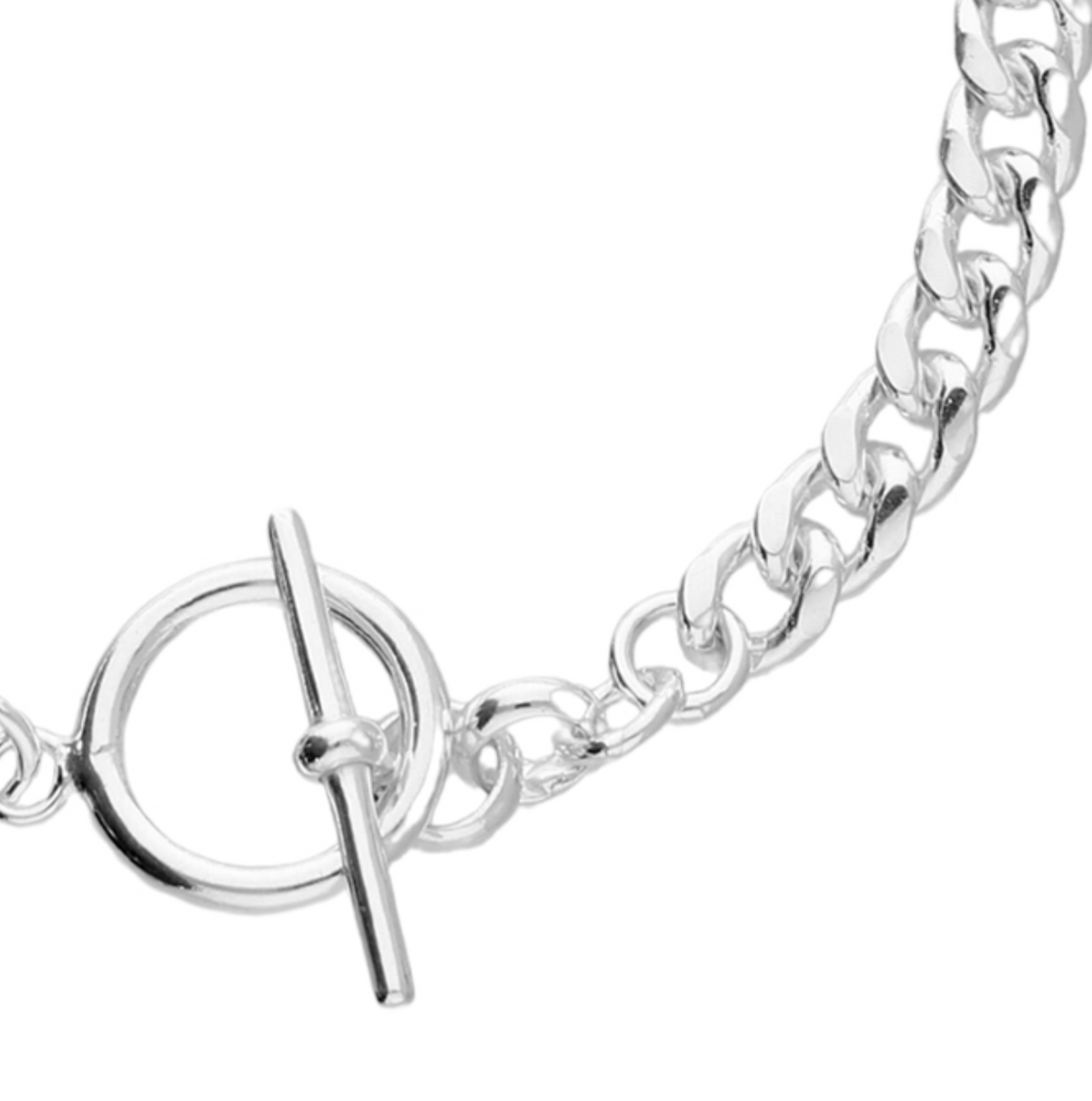 Close-up of the Cuban T-Bar Bracelet’s silver circular toggle clasp and polished interlocking chain links