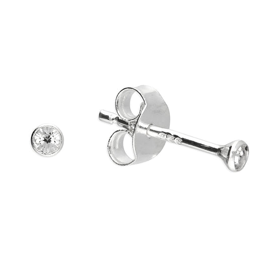A pair of silver stud earrings, with one earring shown front-facing to display the round clear gemstone bezel, and the other shown from the side/back to display the butterfly clutch and post, on a solid white background.