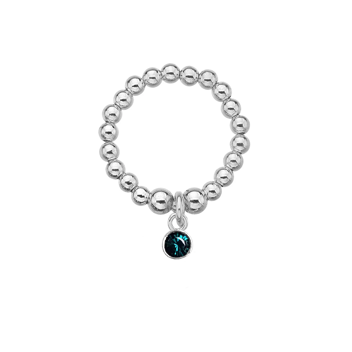 Silver beaded ring with a dark blue charm on a white background