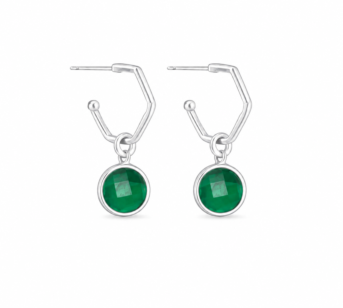 A pair of silver drop earrings featuring a emerald pendants, shown against a plain white background.