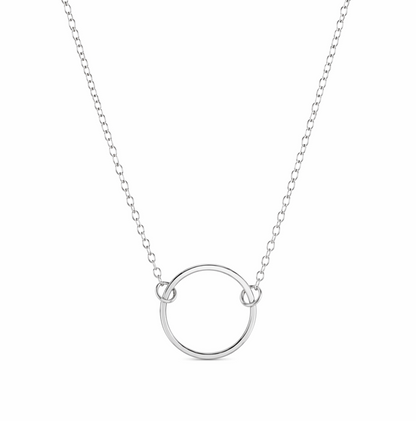 Sterling silver Eternal Circle Necklace with an open circular pendant attached to a fine chain on a white background