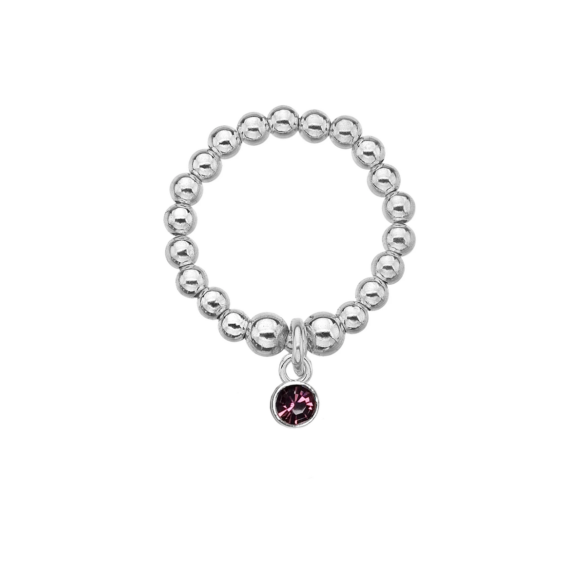 Silver beaded ring with a purple gemstone charm on a white background