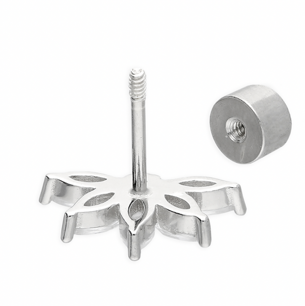 Rear view of the flower stud showing its settings, threaded post and detached round flat back