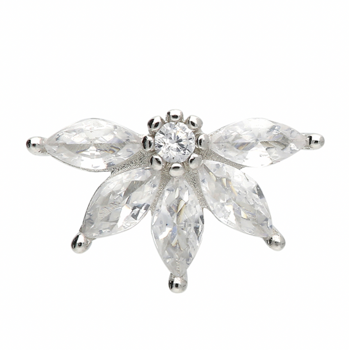 Silver-coloured flower stud with five clear marquise-shaped petals and a round centre stone on white