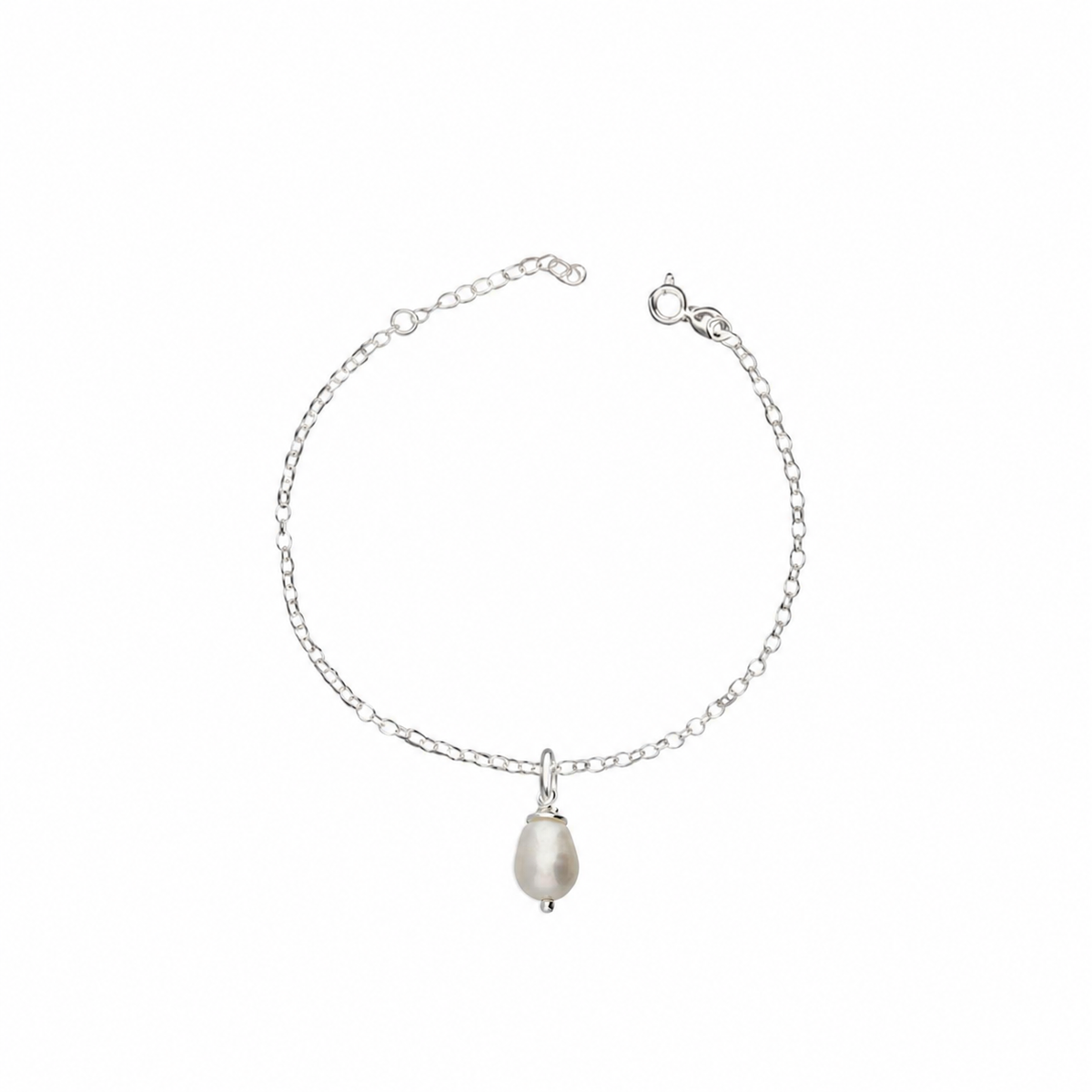 Silver bracelet with a pearl charm on a white background