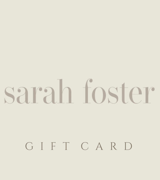 Gift card with 'sarah foster' branding on a beige background