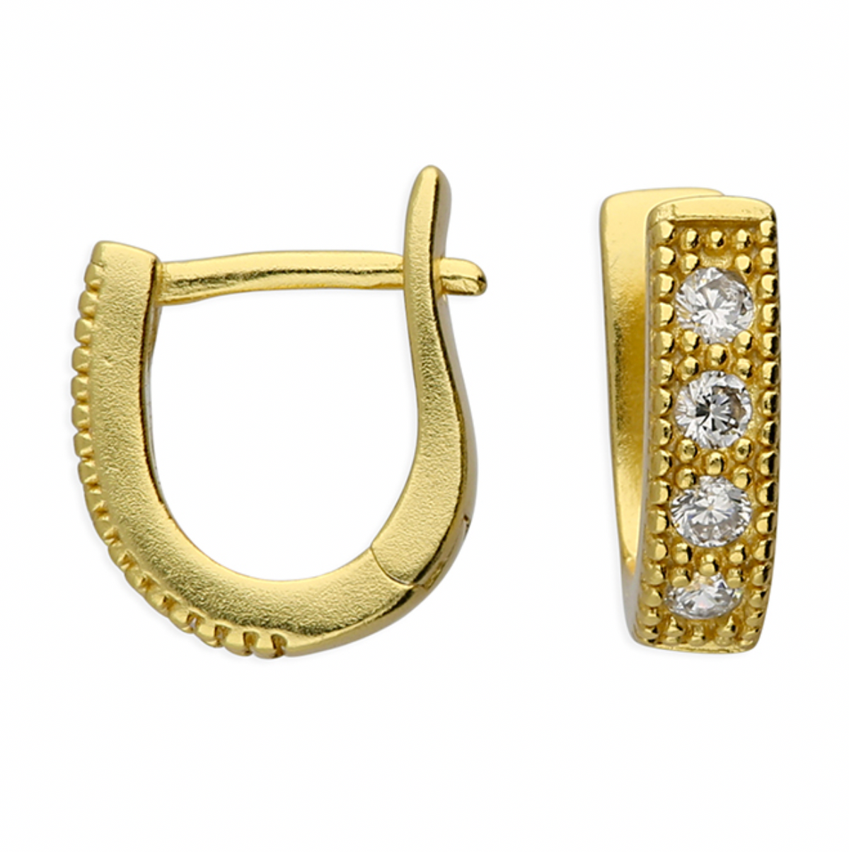 14ct gold-plated horseshoe hoop earrings with clear stones and beaded edging, showing front and side views on white