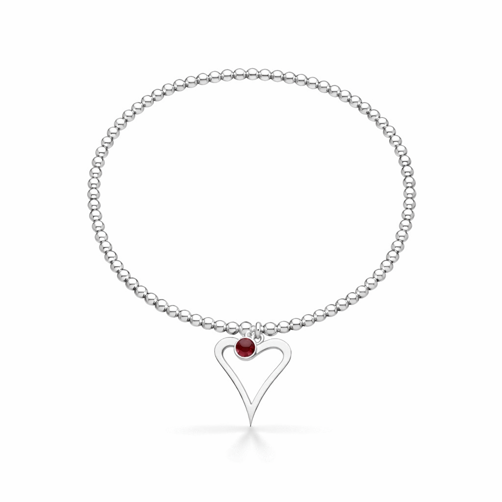 Silver birthstone bracelet with a heart-shaped charm on a white background