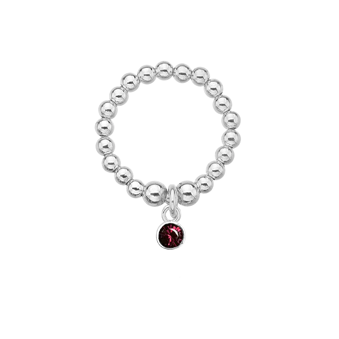 Silver beaded ring with a red gemstone charm on a white background