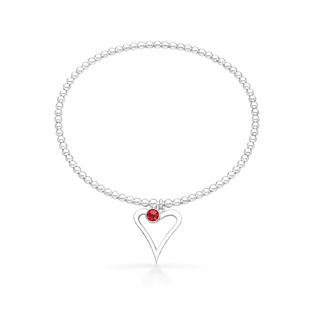 Silver birthstone bracelet with a heart-shaped charm on a white background