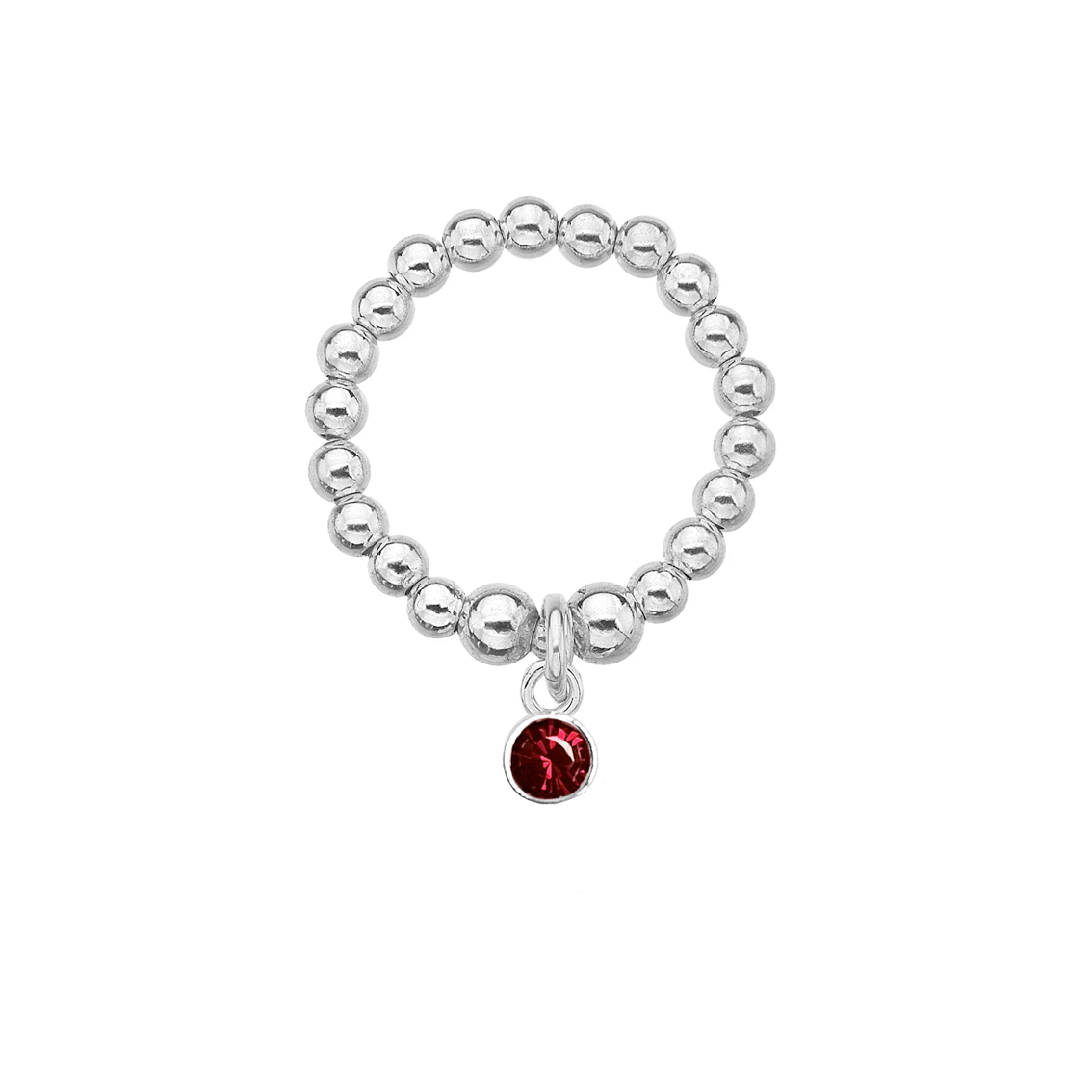 Silver beaded ring with a red gemstone charm on a white background