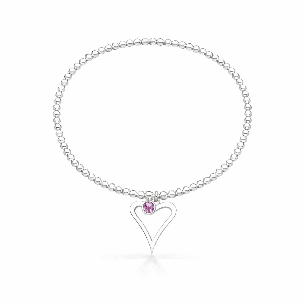 Silver birthstone bracelet with a heart-shaped charm on a white background