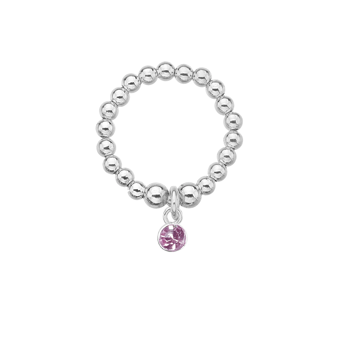 Silver beaded ring with a pink charm on a white background