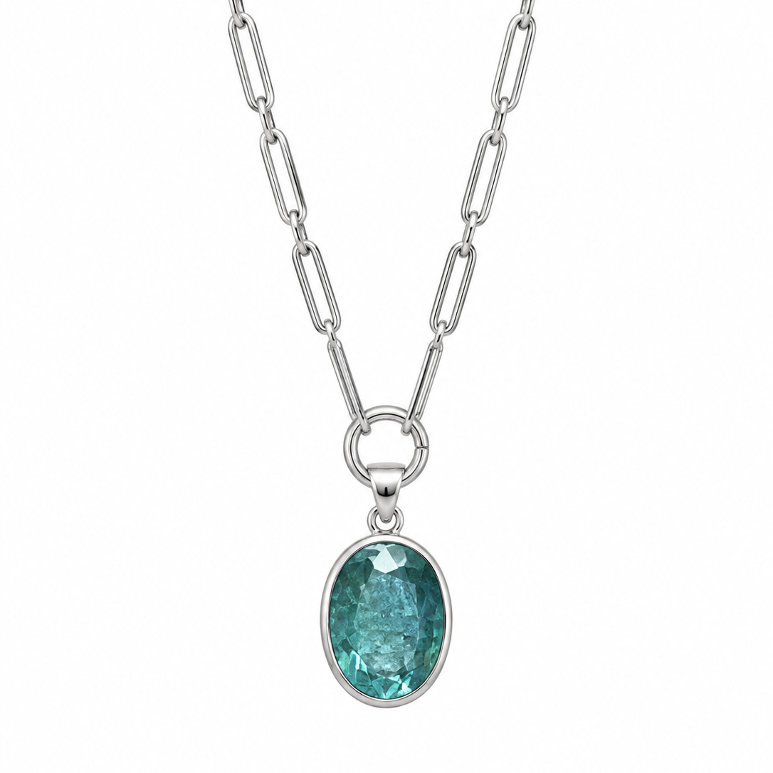 green kyanite trace necklace on a white background 