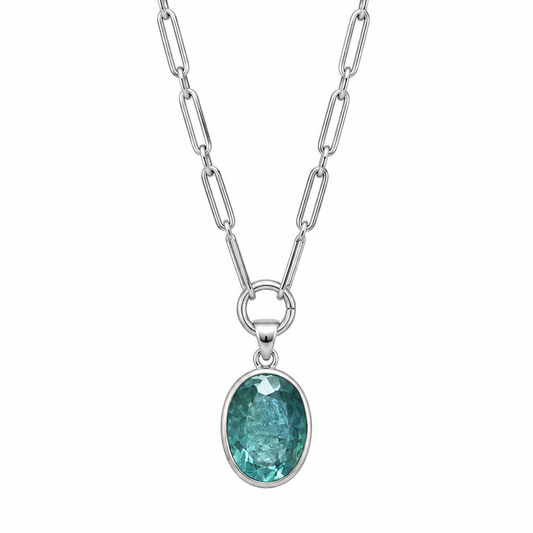 green kyanite trace necklace on a white background 