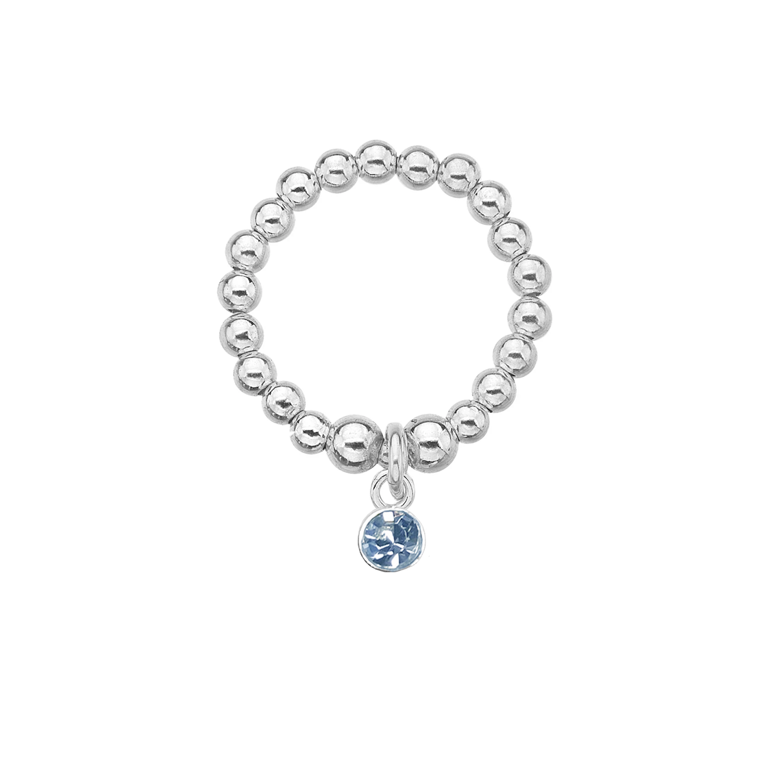 Silver beaded ring with a blue gemstone charm on a white background