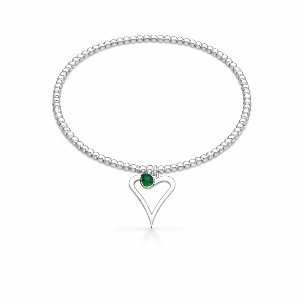 Sterling silver beaded bracelet with an open heart charm and round green May birthstone charm on a white background