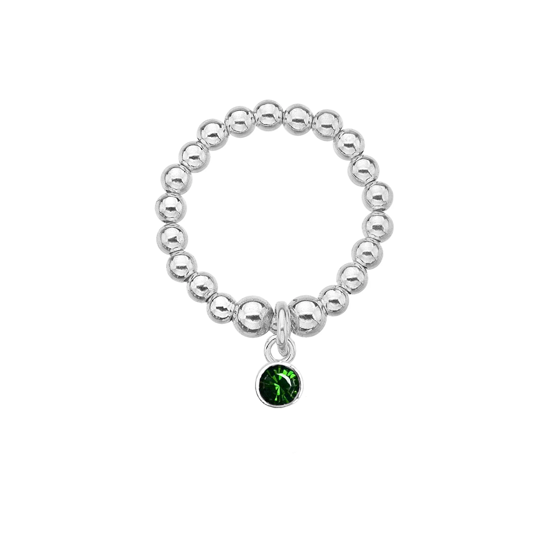 Silver beaded ring with a dark green gemstone charm on a white background