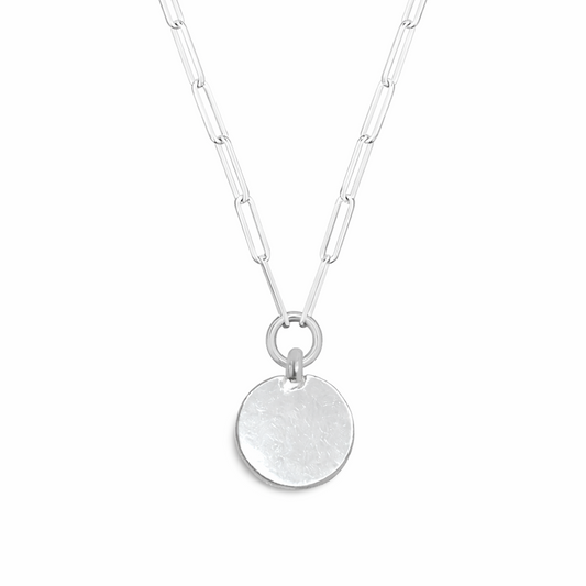 Sterling silver Midi Disc Trace Necklace with a textured round pendant and elongated oval-link chain on a white background.