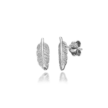 Silver feather-shaped earrings on a white background