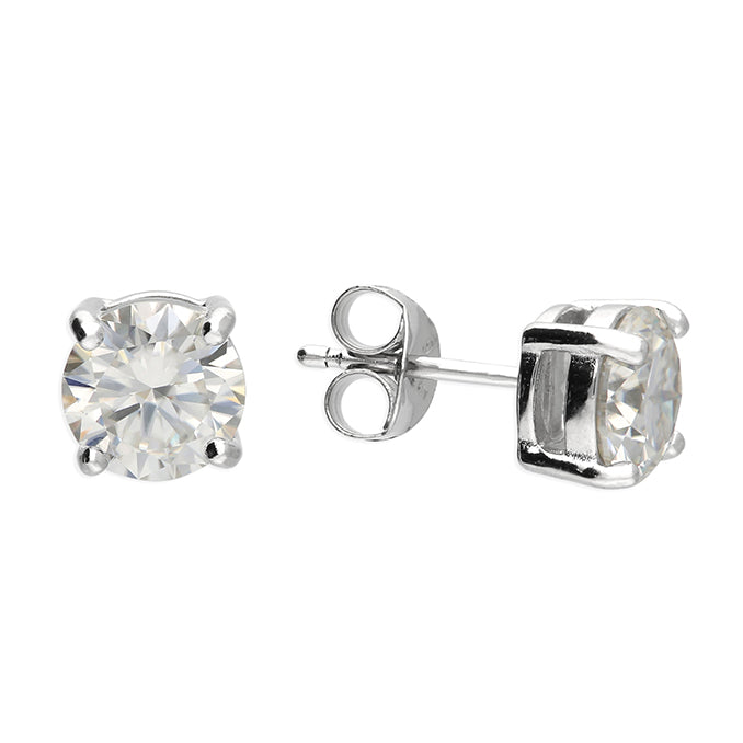 Pair of silver stud earrings with moissanite gemstones on a white background