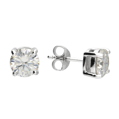 Pair of silver stud earrings with moissanite gemstones on a white background