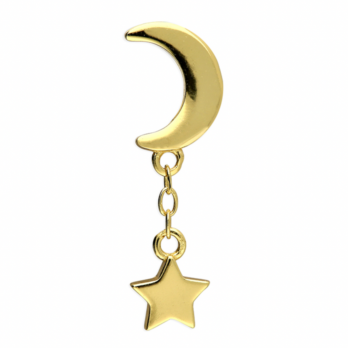 Front view of a 14ct gold-plated crescent moon stud with a star hanging from a short chain on white