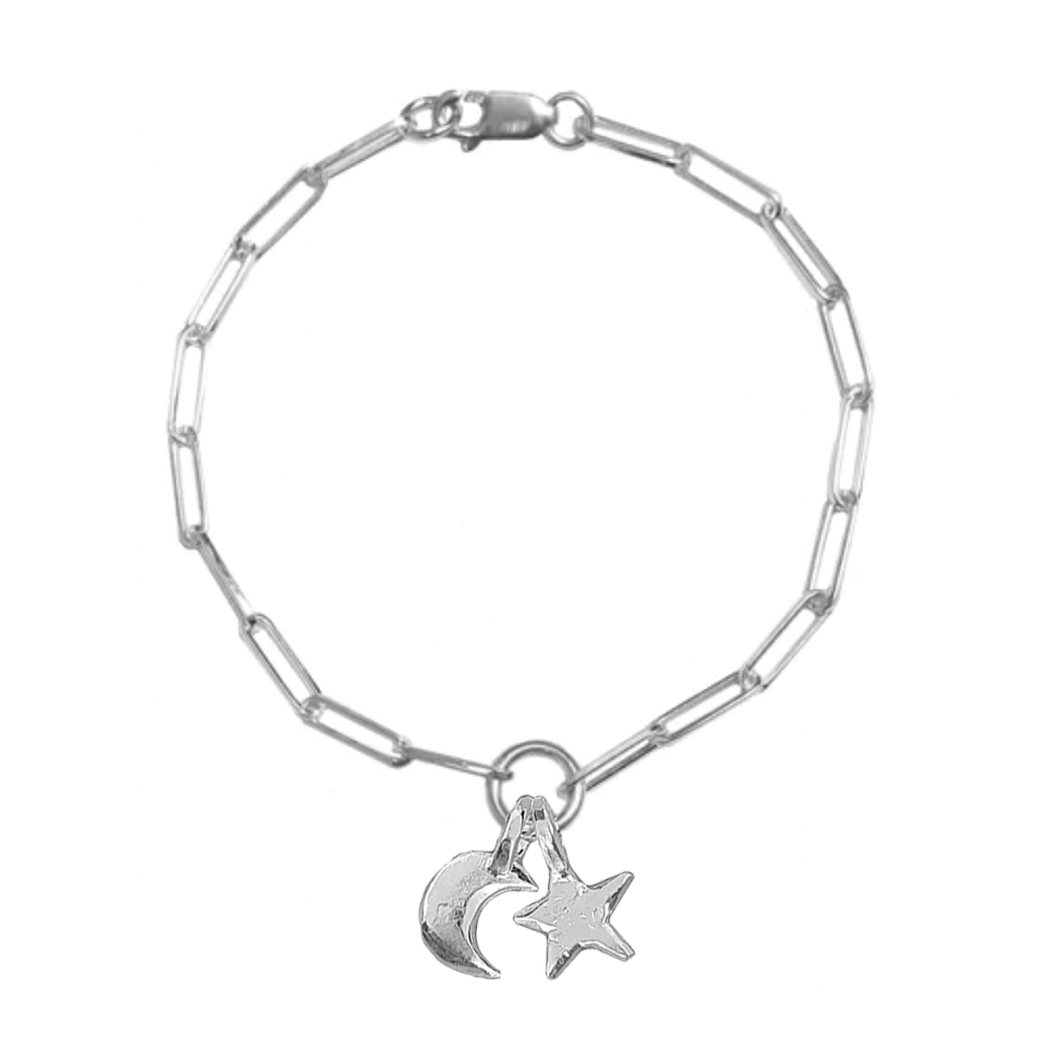 A sterling silver bracelet with a star and moon charm, displayed against a white background.