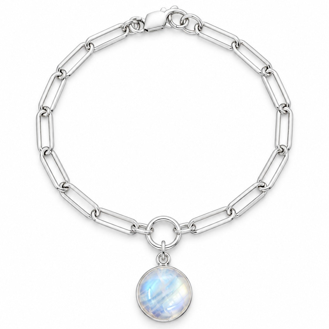 A silver paperclip chain bracelet with a round iridescent moonstone pendant, displayed on a clean white background.