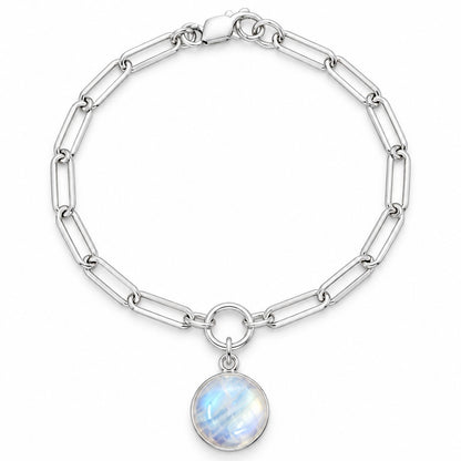 A silver paperclip chain bracelet with a round iridescent moonstone pendant, displayed on a clean white background.