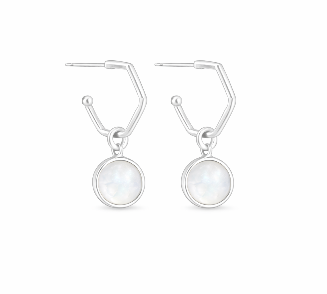 Pair of silver hoop earrings with round moonstone charms on a white background
