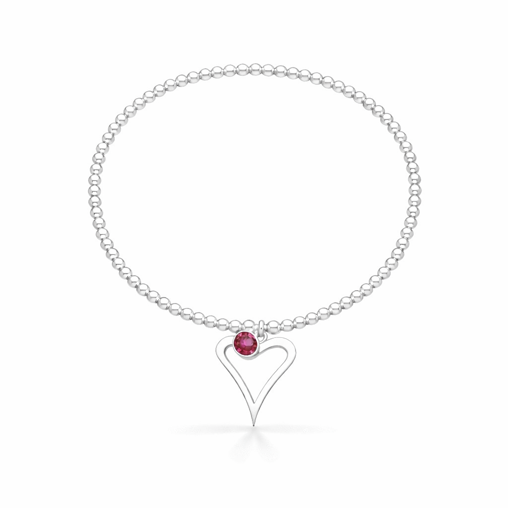 Silver bracelet with a heart-shaped charm and pink gemstone on a white background