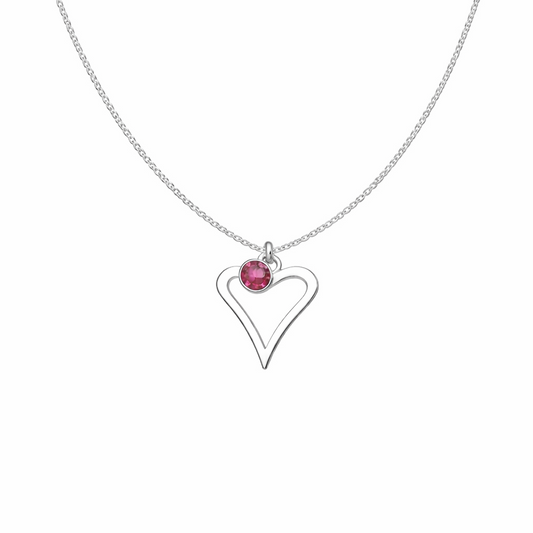 Sterling silver necklace with an open heart pendant and round pink birthstone charm on a white background
