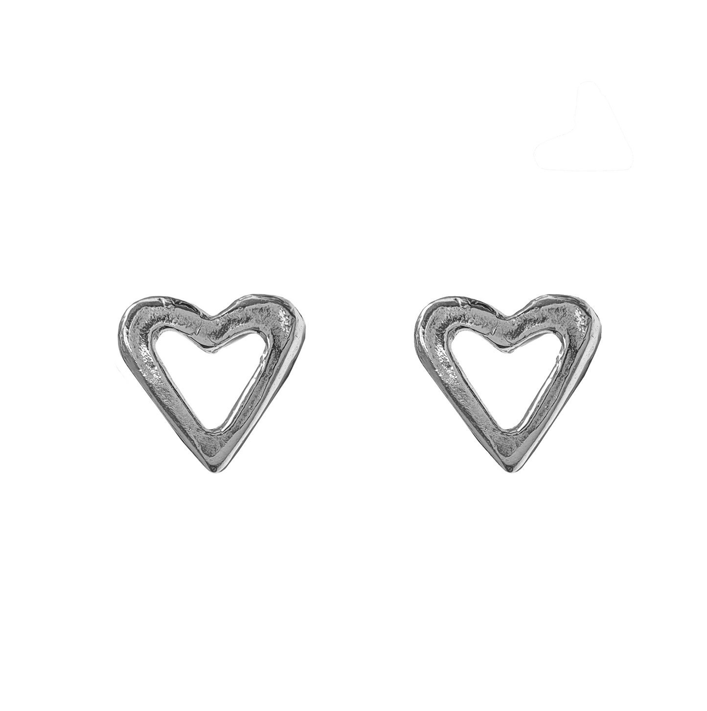 Pair of silver heart-shaped earrings on a white background