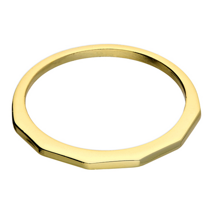 Gold ring with a geometric design on a white background