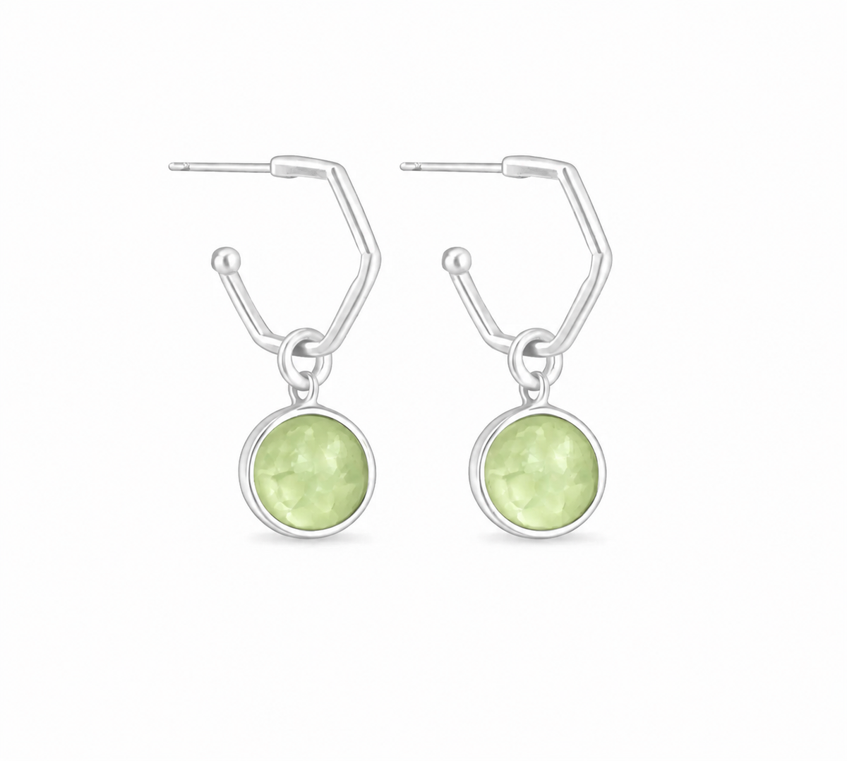 a pair of silver hoops featuring a perdiot hoop charms on a white background